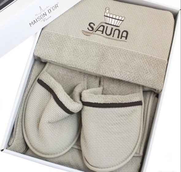 Набор килт + полотенце + тапочки мужской Sauna Dufour бежевый