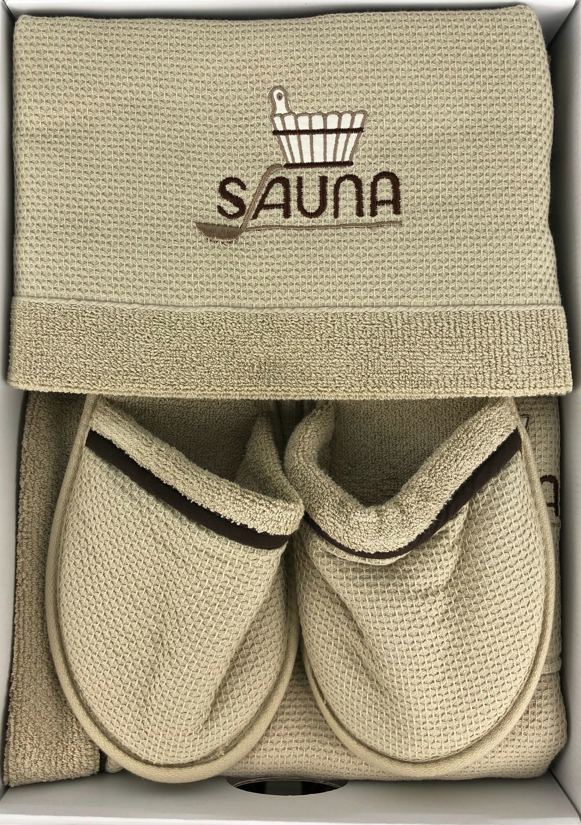 Набор килт + полотенце + тапочки мужской Sauna Dufour бежевый