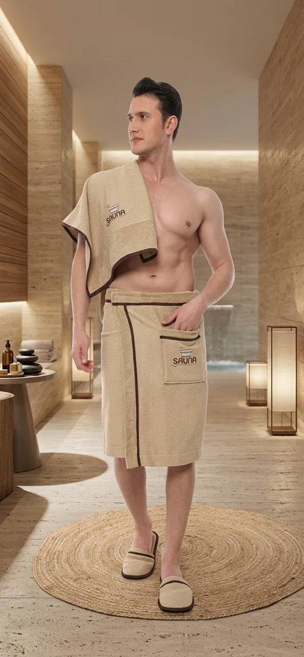 Набор килт + полотенце + тапочки мужской Sauna Dufour бежевый