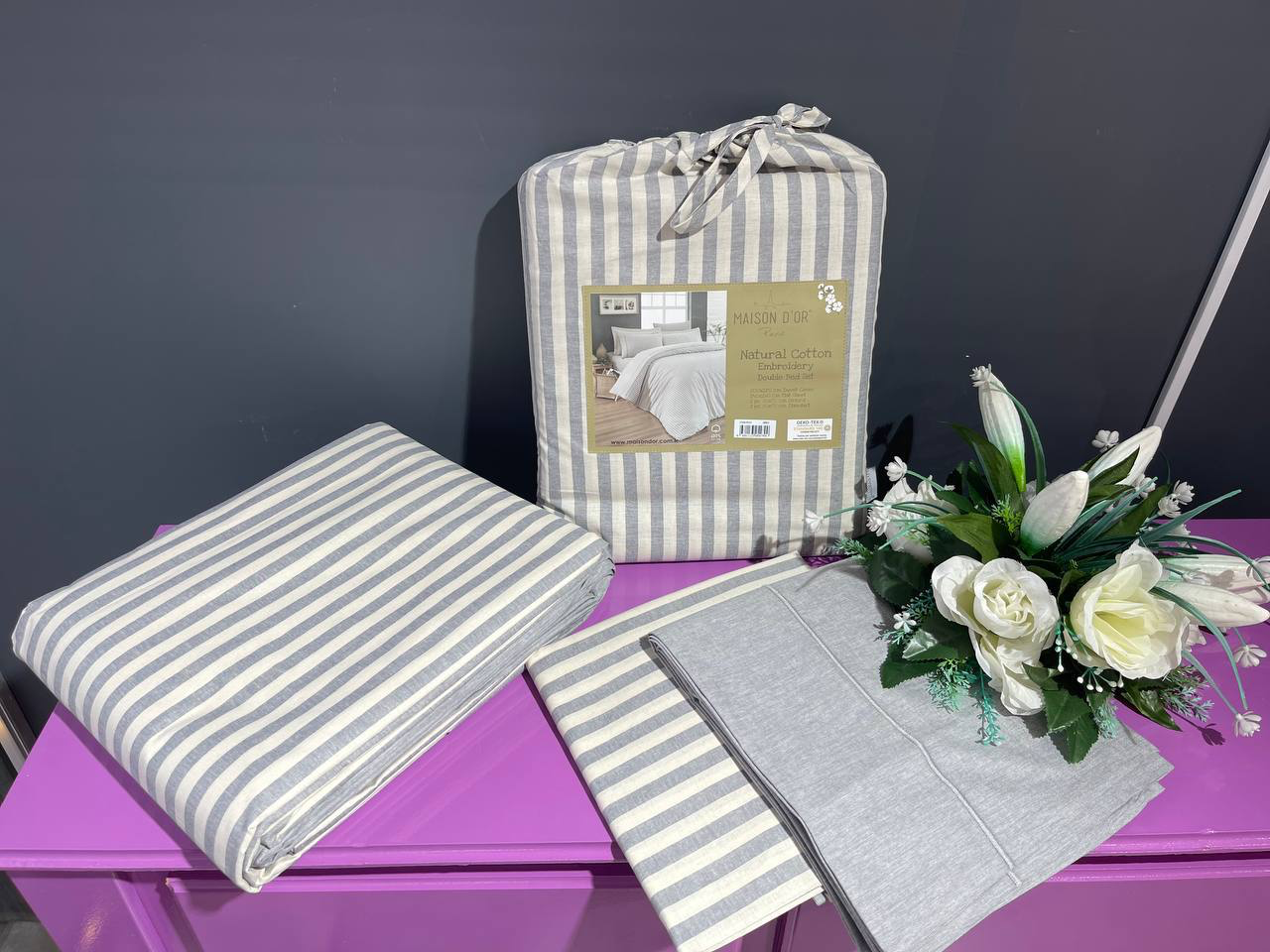 Natural Cotton полутороспальное постельное белье широкая полоска серый