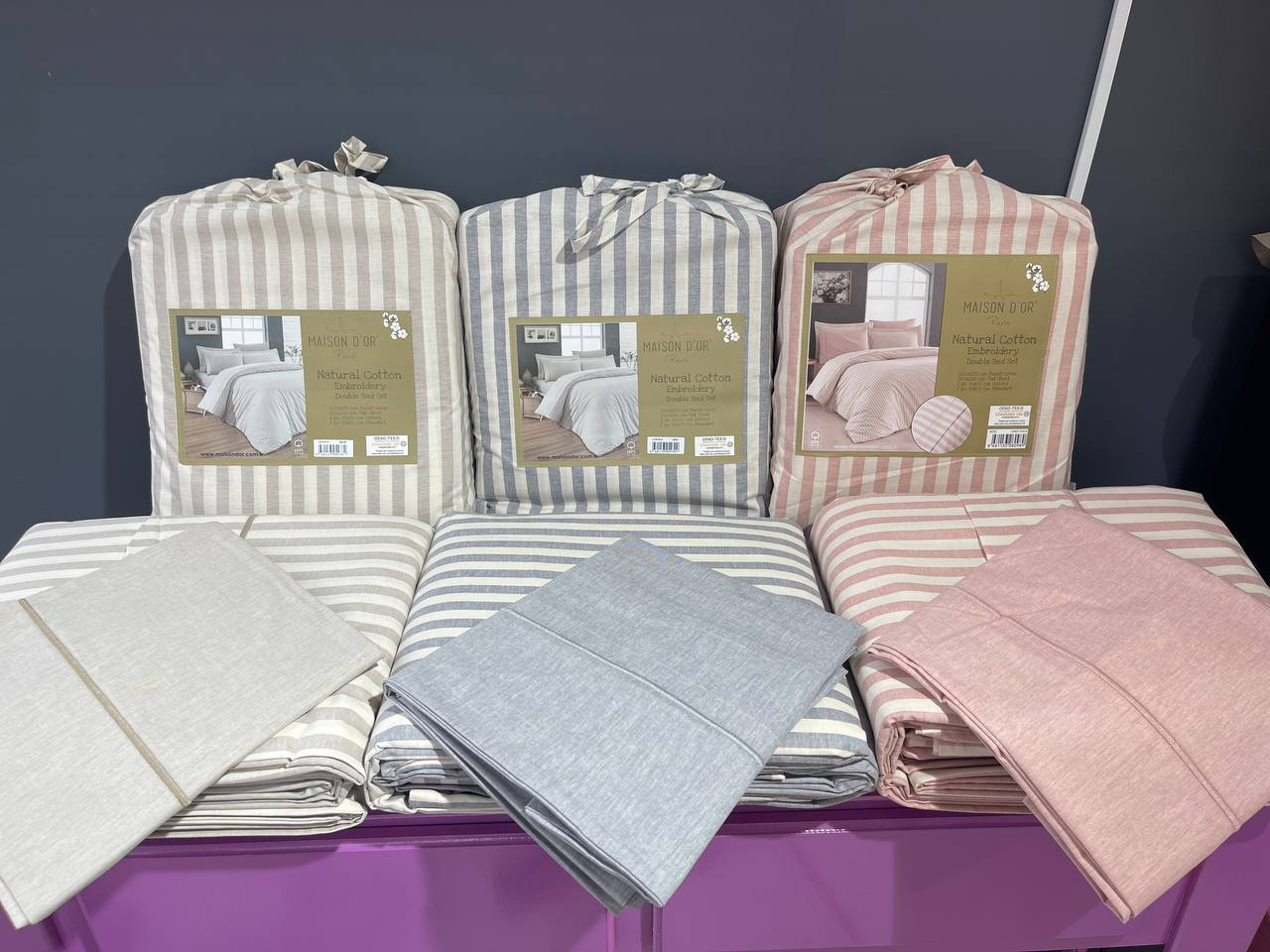 Natural Cotton полутороспальное постельное белье широкая полоска бежевый