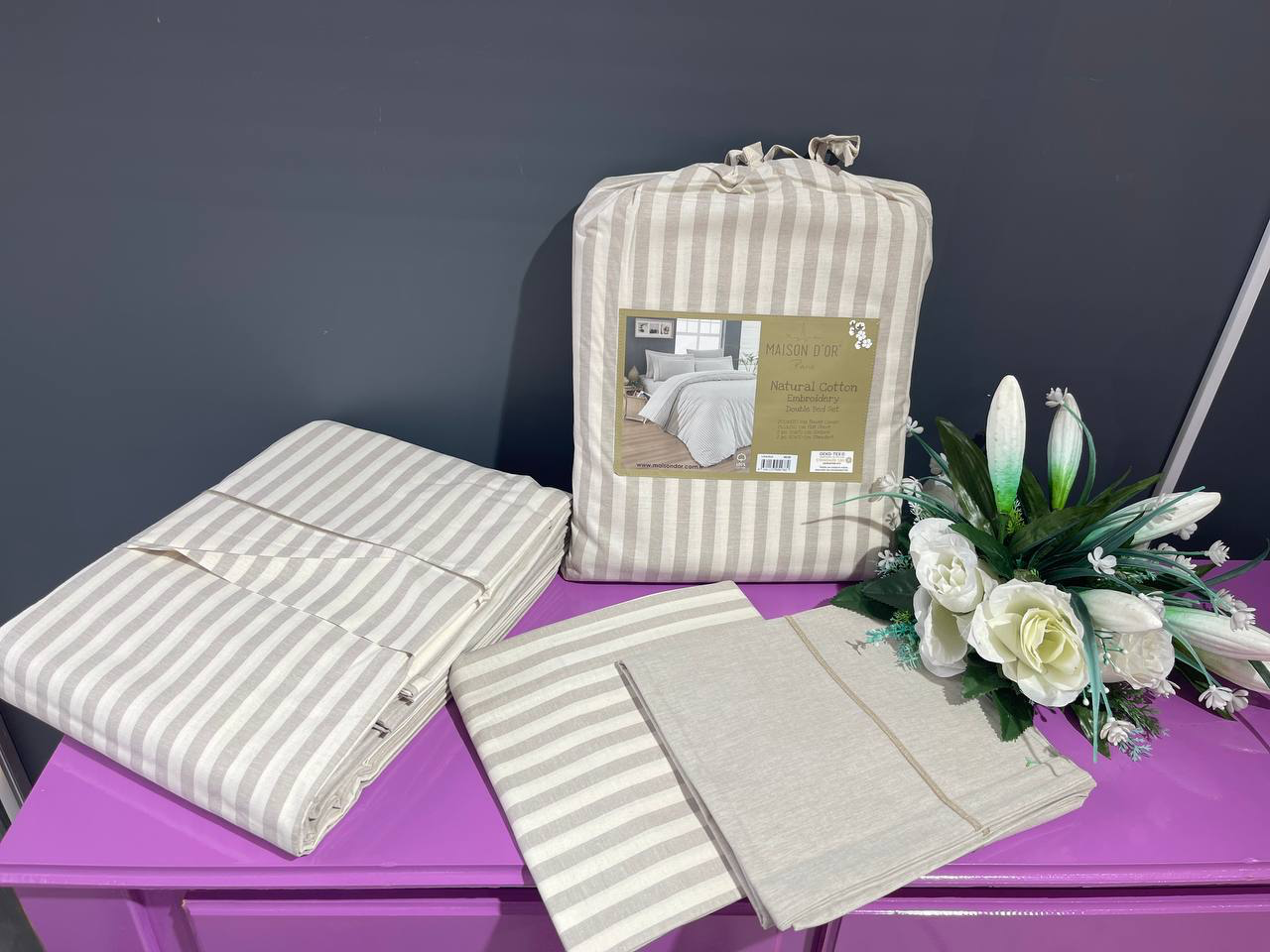 Natural Cotton полутороспальное постельное белье широкая полоска бежевый