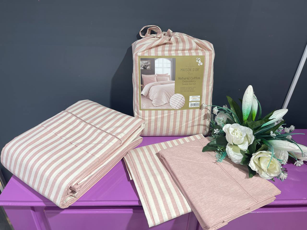 Natural Cotton полутороспальное постельное белье широкая полоска розовый