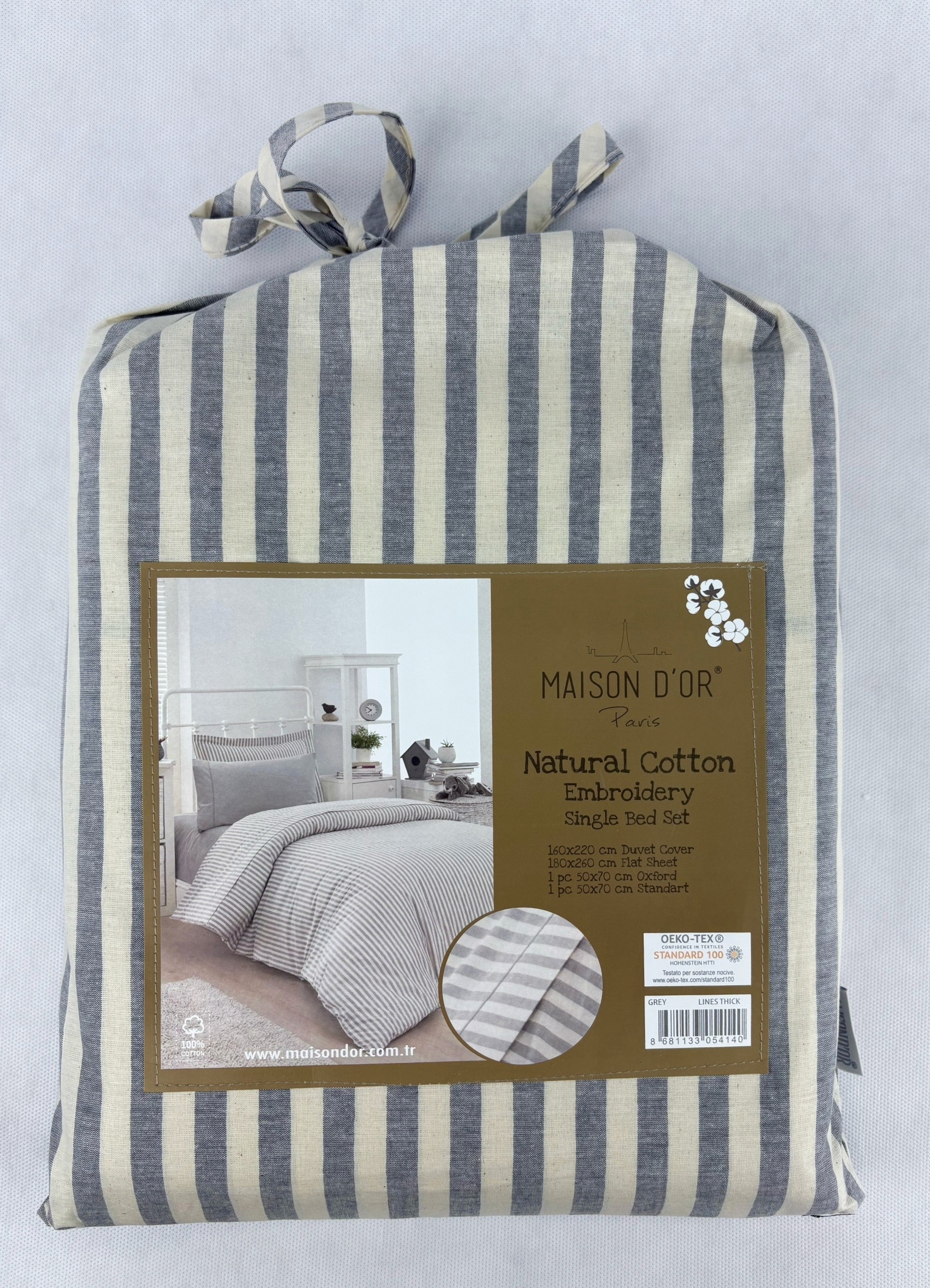Natural Cotton полутороспальное постельное белье широкая полоска серый