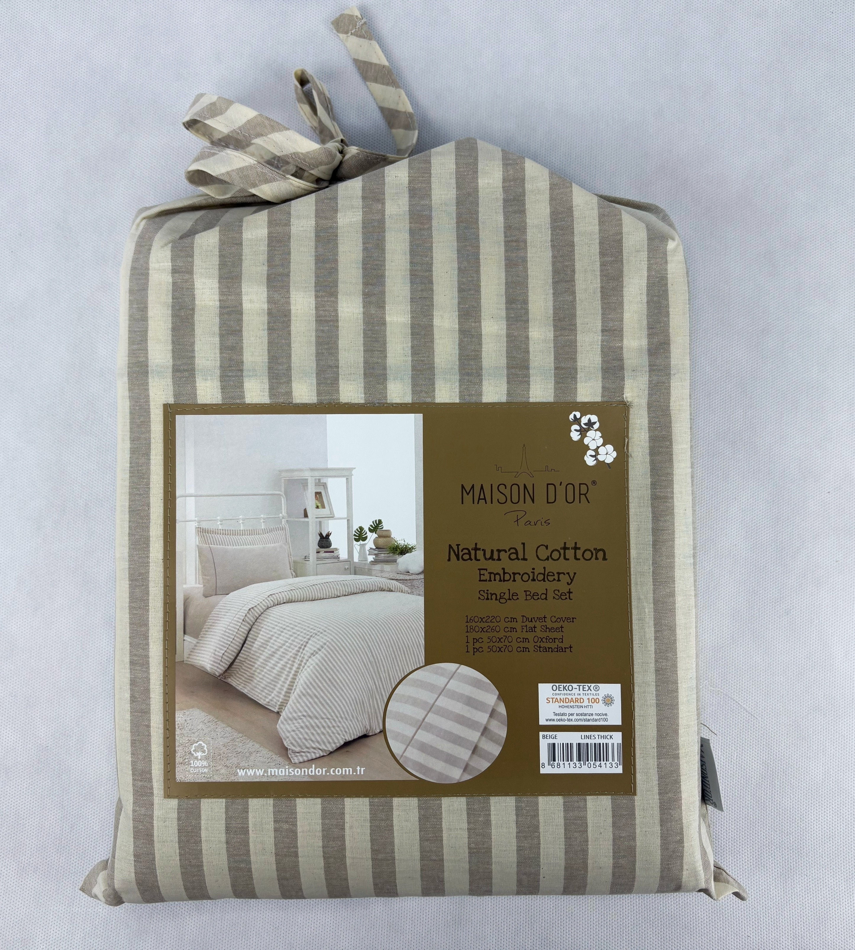 Natural Cotton полутороспальное постельное белье широкая полоска бежевый