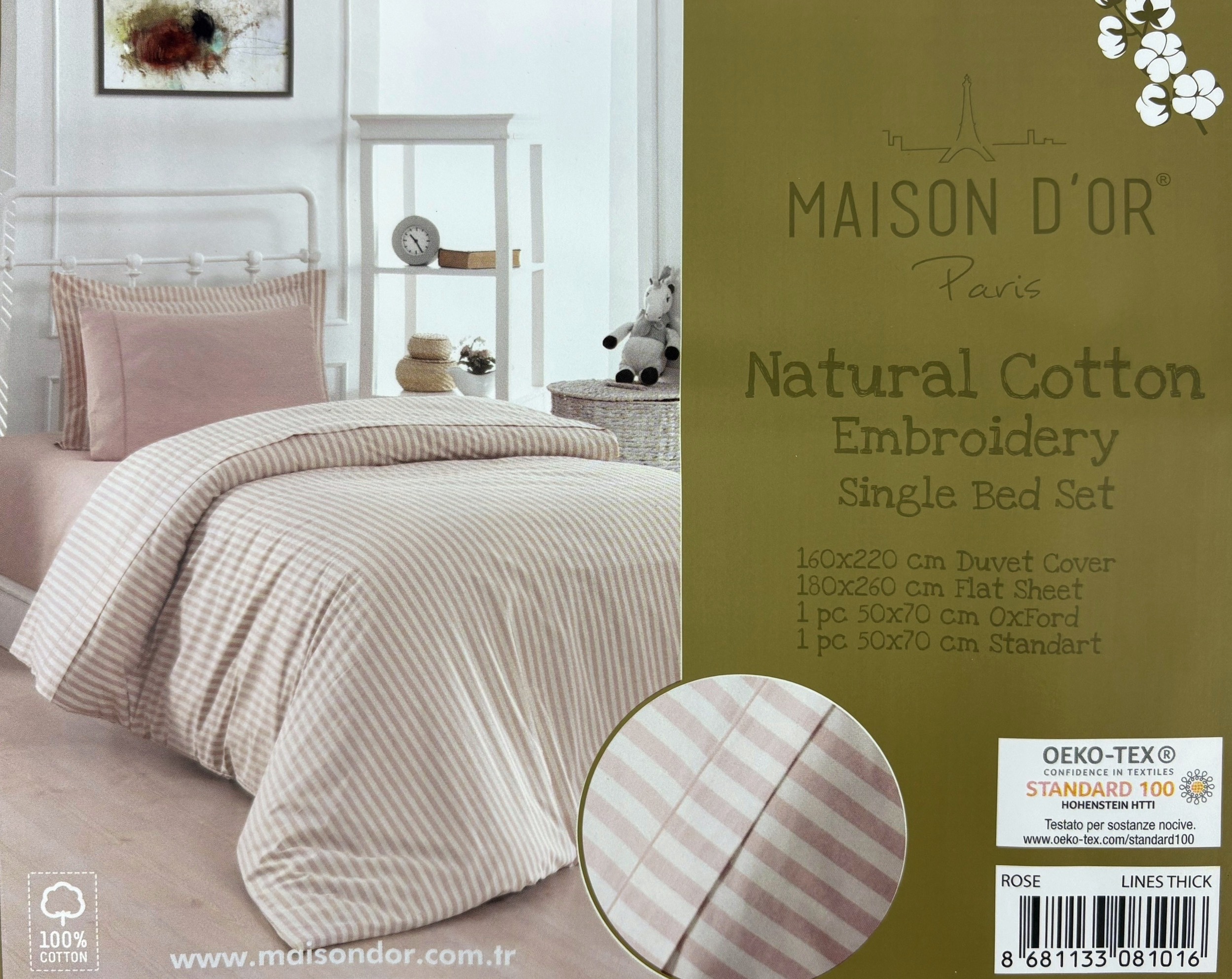 Natural Cotton полутороспальное постельное белье широкая полоска розовый