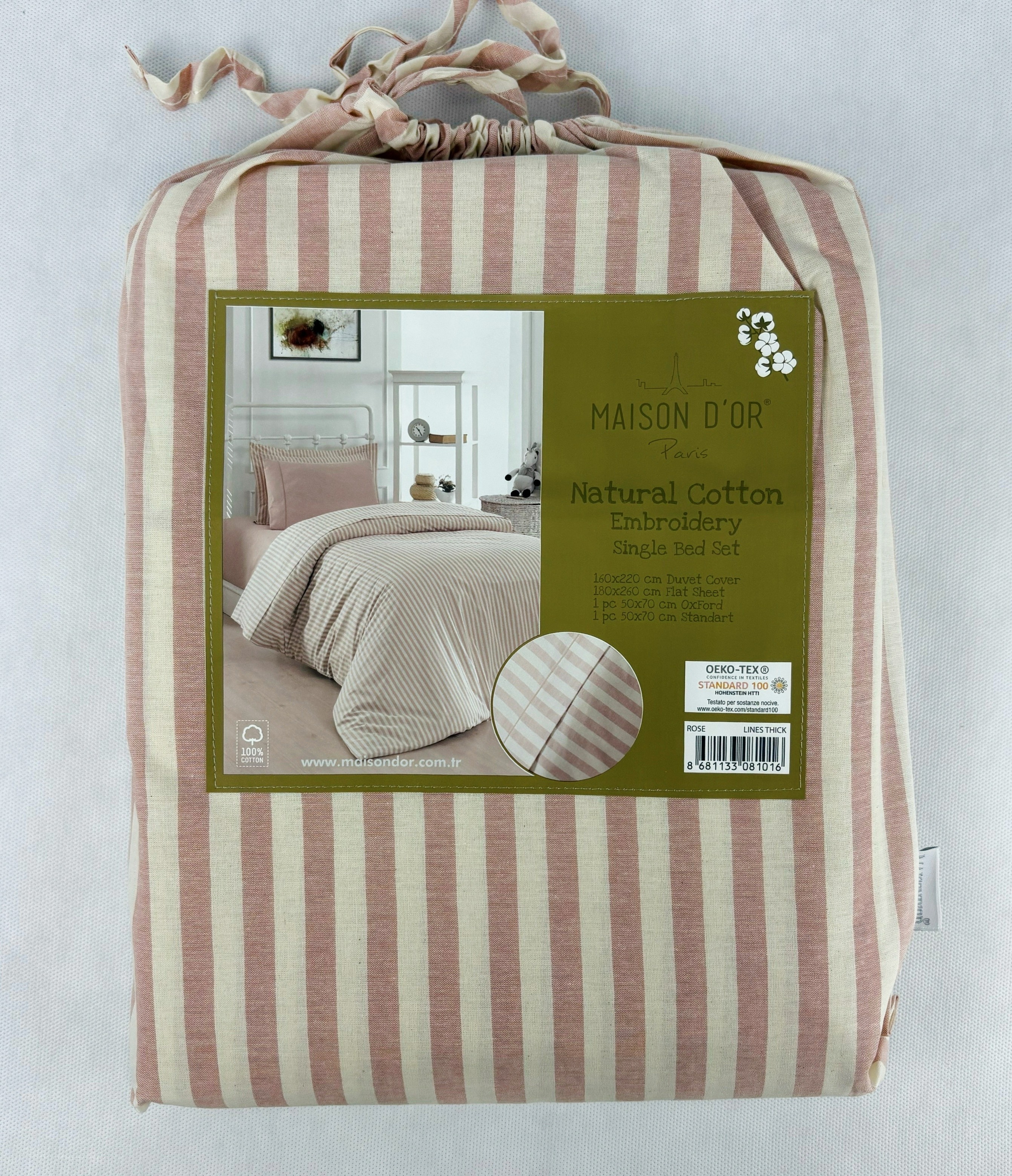 Natural Cotton полутороспальное постельное белье широкая полоска розовый