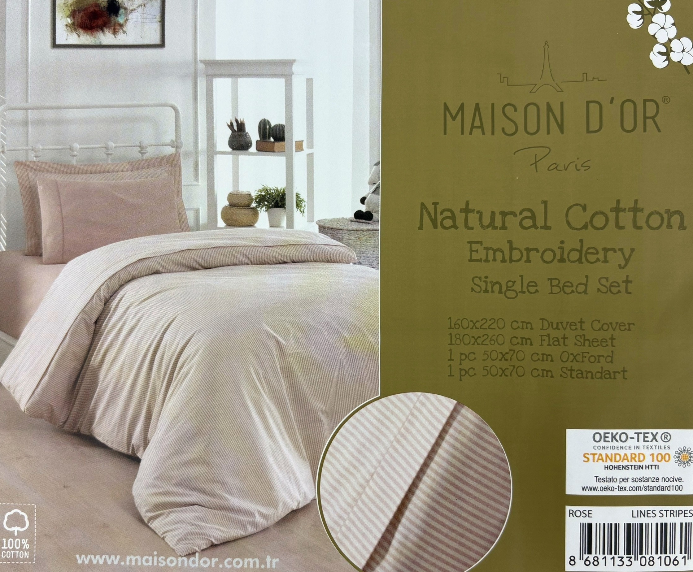 Natural Cotton полутороспальное постельное белье узкая полоска розовый