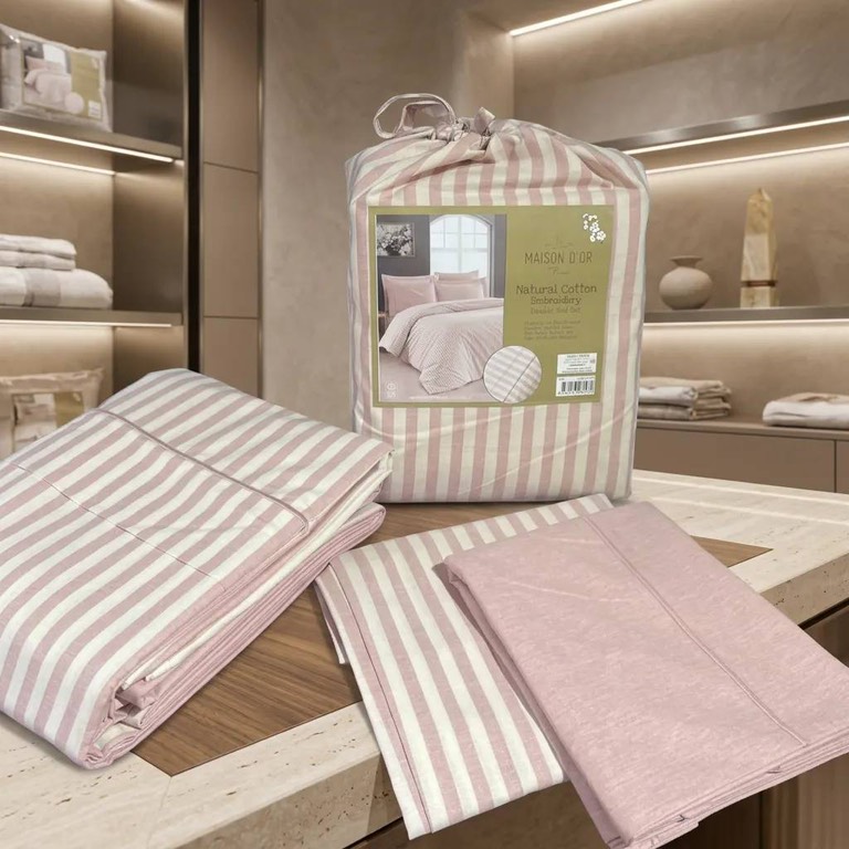 Natural Cotton полутороспальное постельное белье широкая полоска розовый