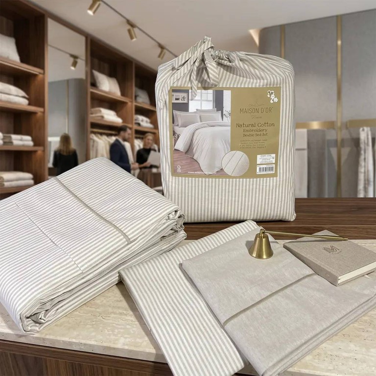 Natural Cotton полутороспальное постельное белье узкая полоска бежевый