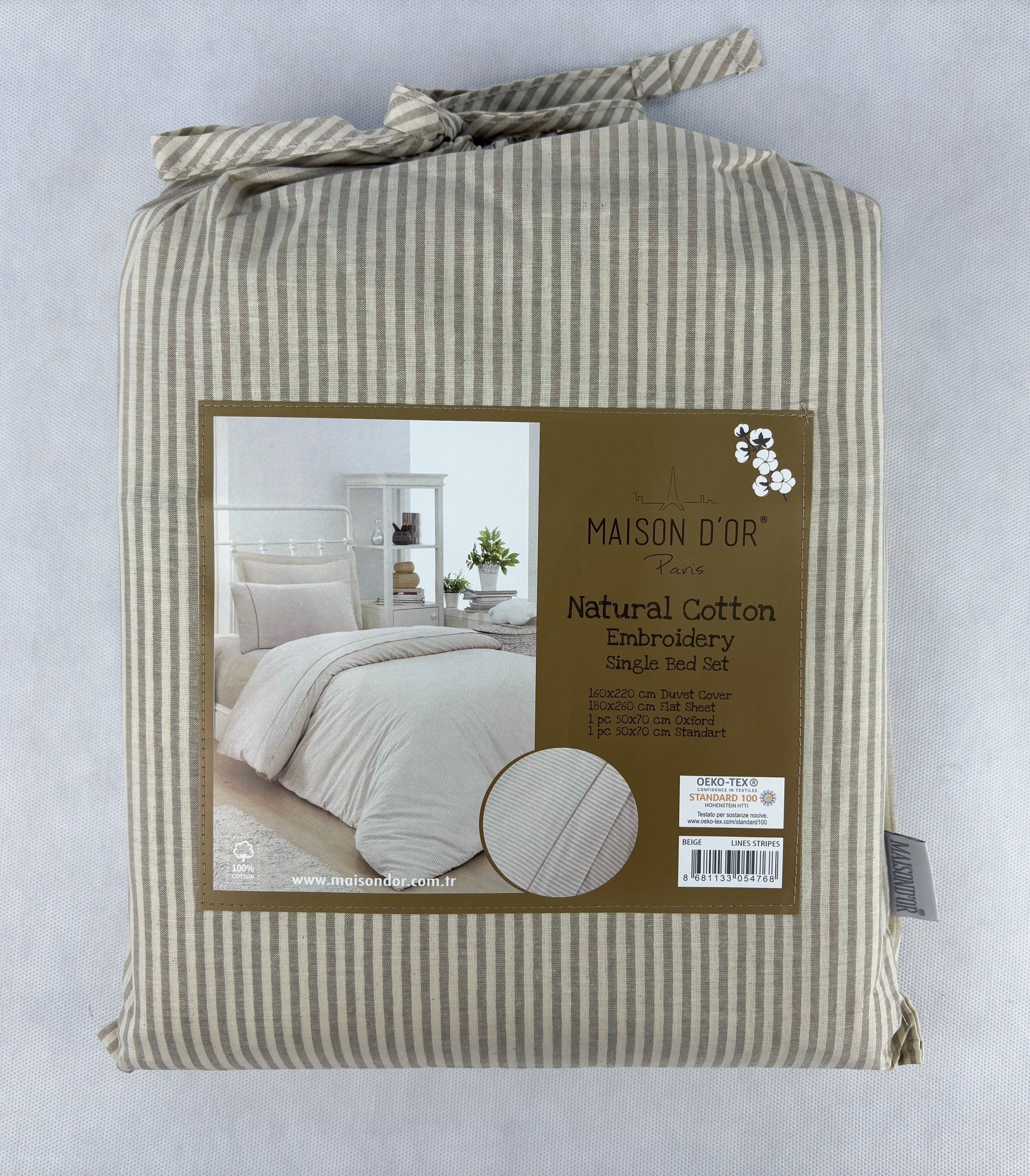 Natural Cotton полутороспальное постельное белье узкая полоска бежевый