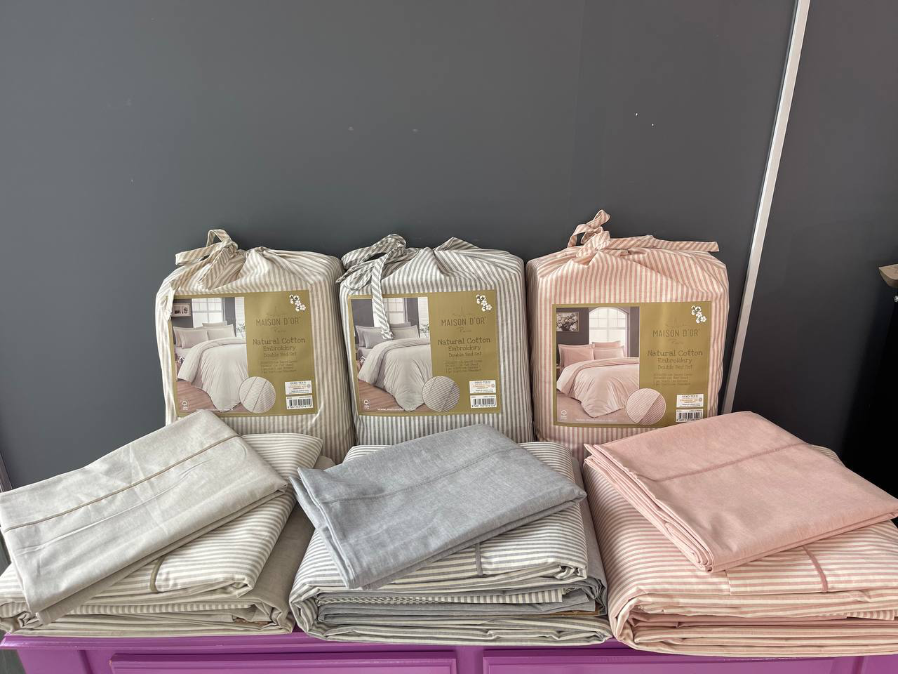 Natural Cotton полутороспальное постельное белье узкая полоска бежевый
