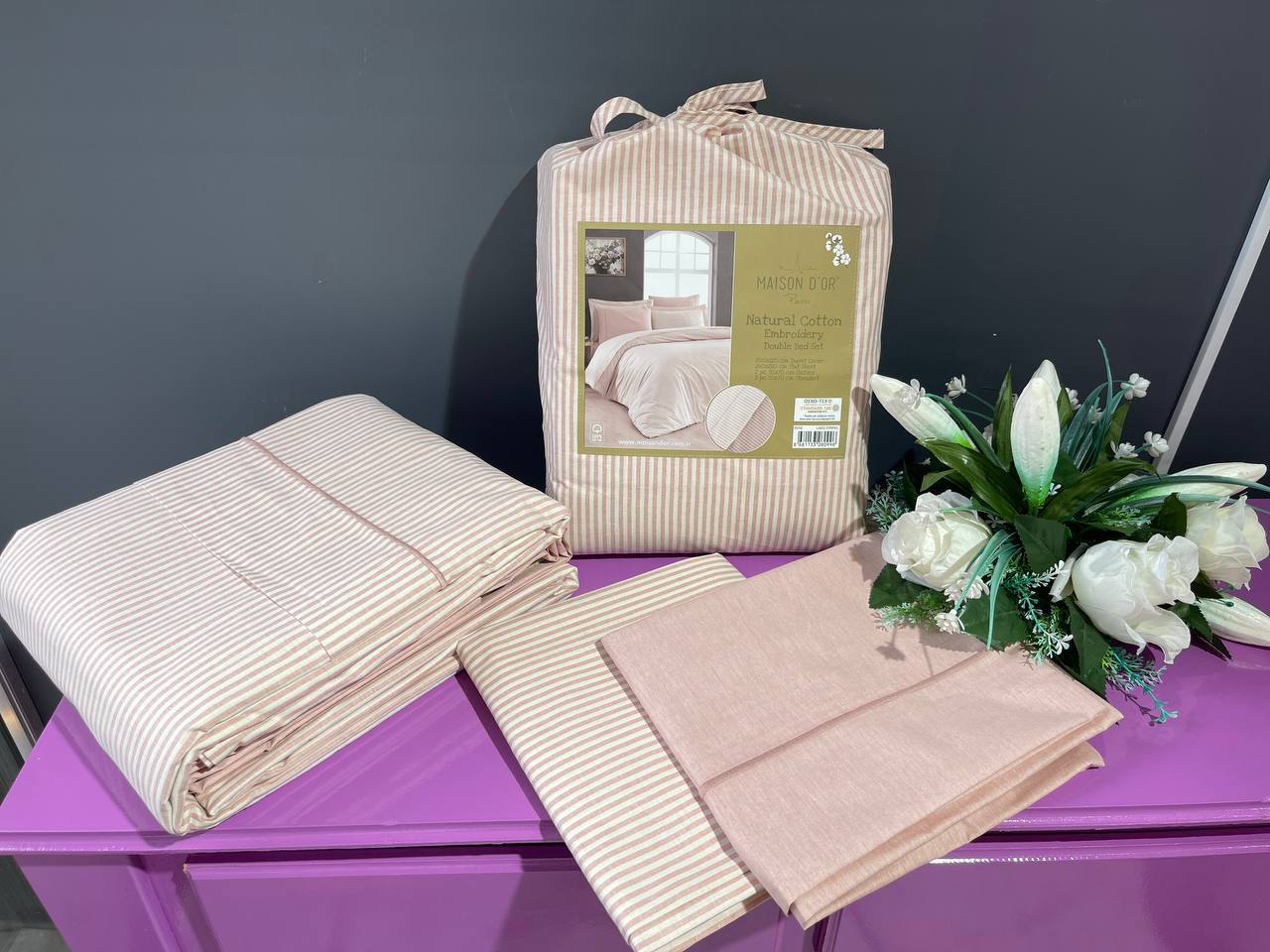 Natural Cotton полутороспальное постельное белье узкая полоска розовый